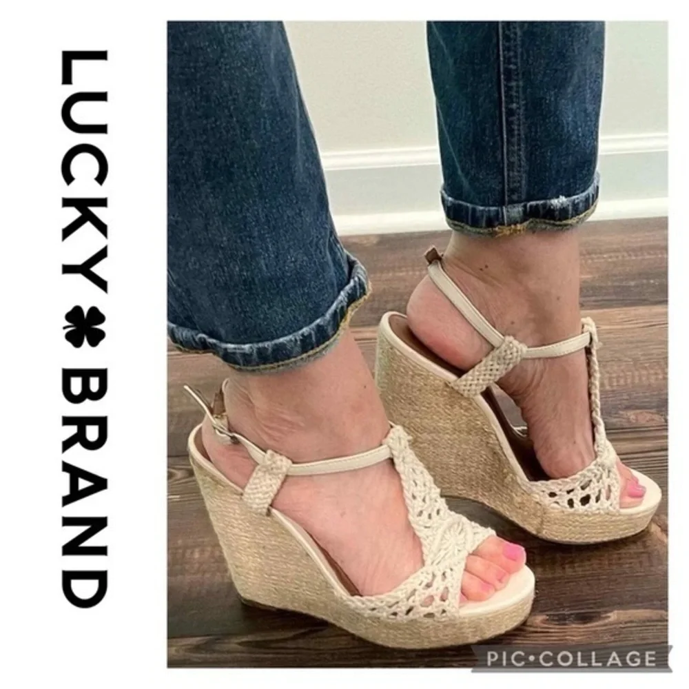 Lucky Brand Y2K Cream Crochet Boho Festival Strap Espadrille Wedge Sandal Sz 8
